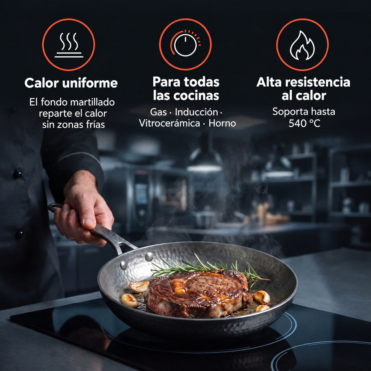Calor uniforme, apta para todas las cocinas y resistente al calor
